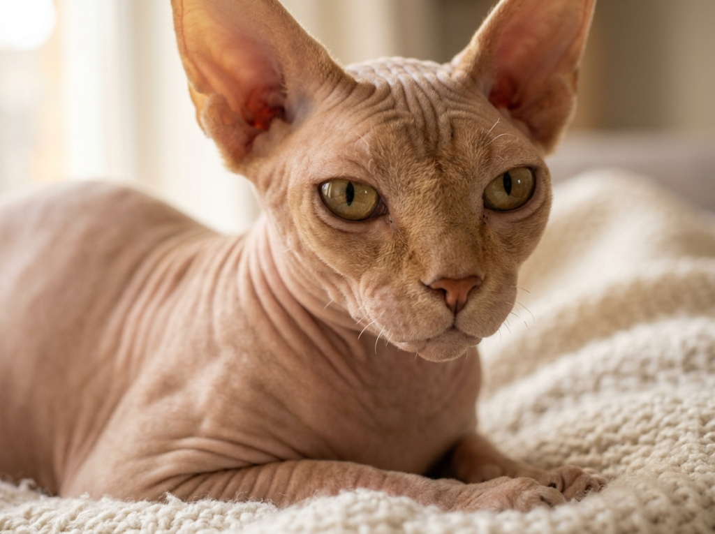 a healthy sphynx cat with clear, smooth skin showcasing proper nutrition.
