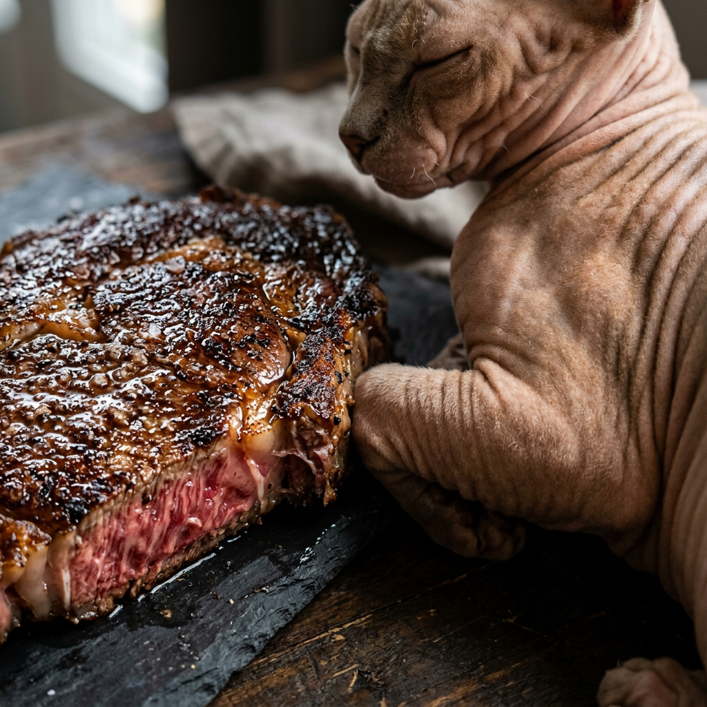 high quality cooked meat next to the sphynx kitten