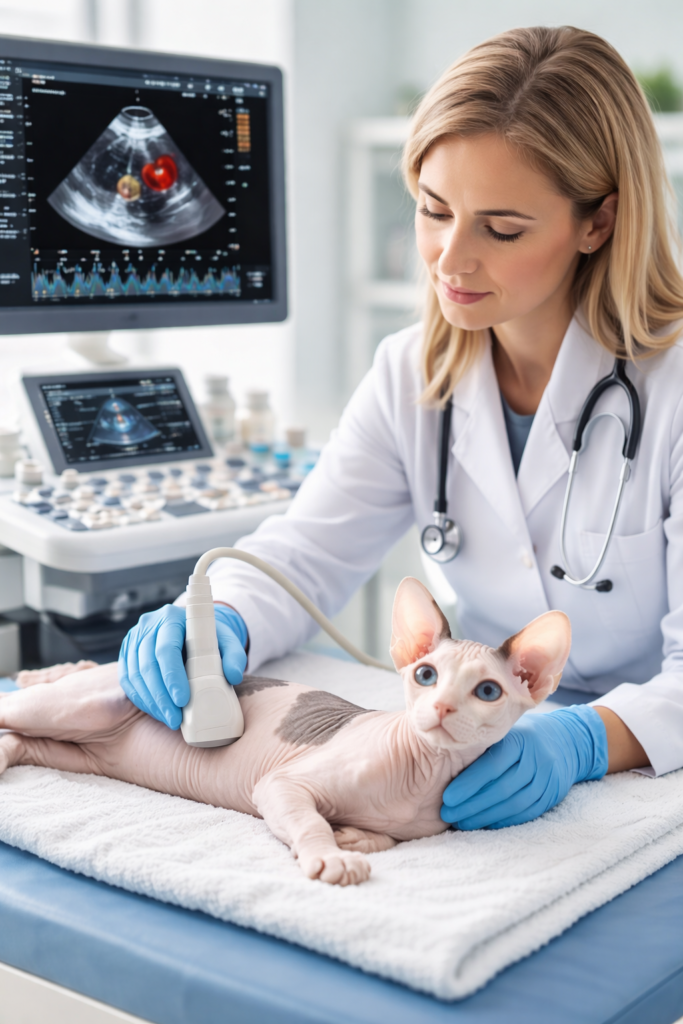 HCM and Health Testing: Why It Matters When Choosing a Breeder a board certified veterinary cardiologist performing an annual echocardiogram for hcm and health testing on a sphynx cat.