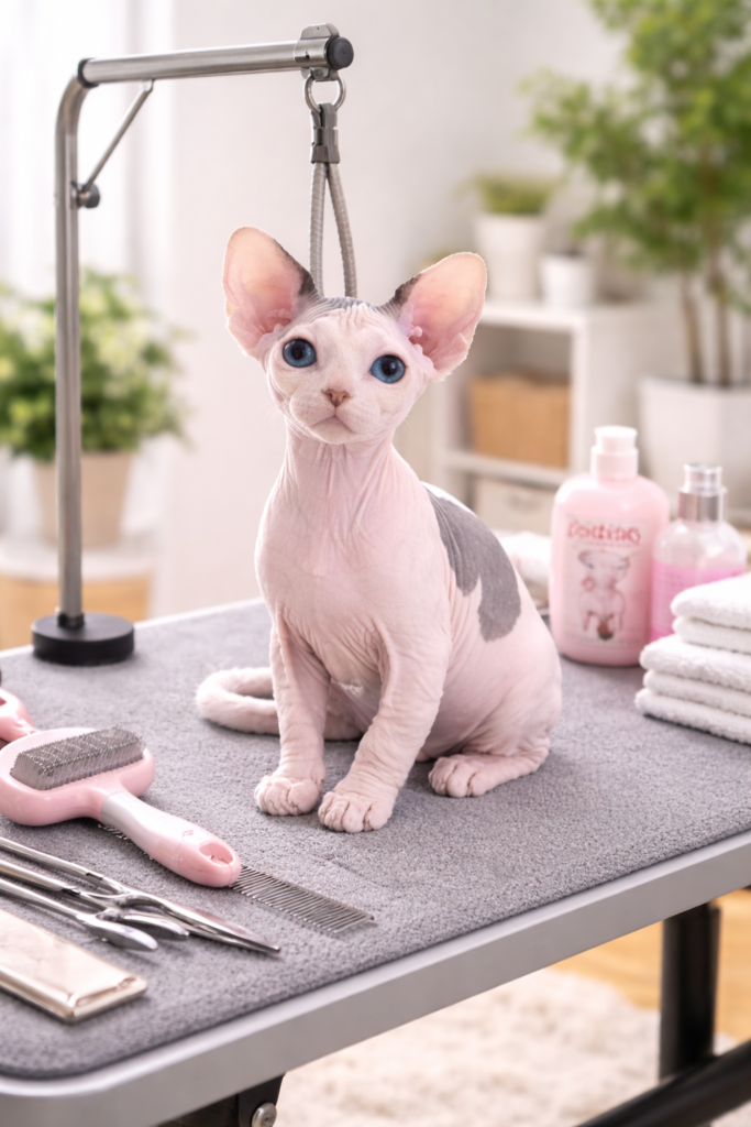 Sphynx vs. Other Breeds: Why Choose a Hairless Cat? a specialized grooming kit for hairless cats, highlighting the different maintenance needs when comparing sphynx vs. other breeds.